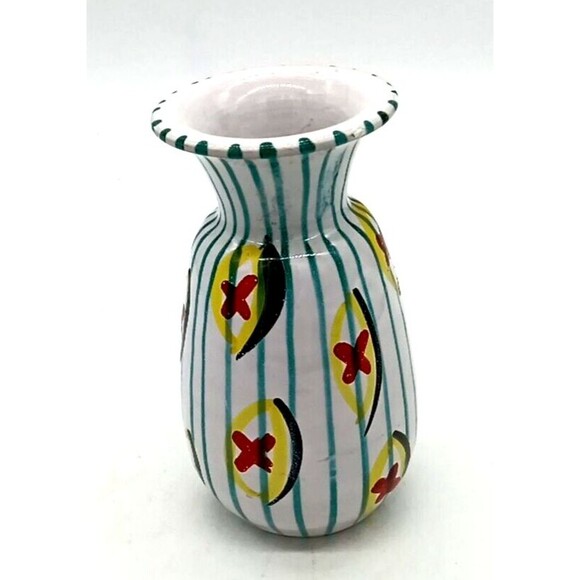 Vtg Italian Pottery Turquoise Stripe Fun Abstract MCM 6" Terracotta Vase #566 - Picture 2 of 8
